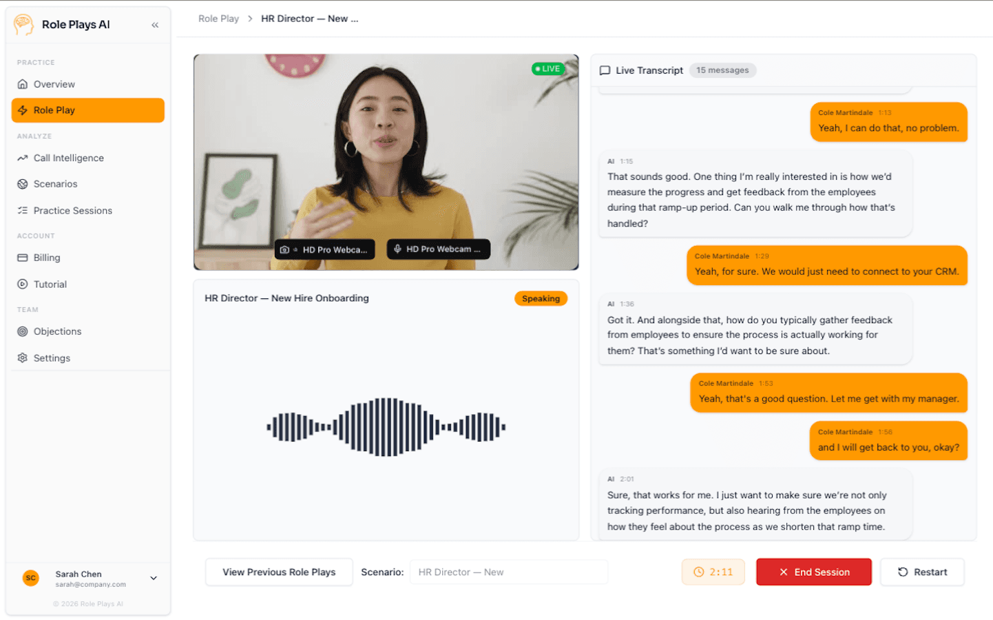 AI practice session with real-time voice conversation